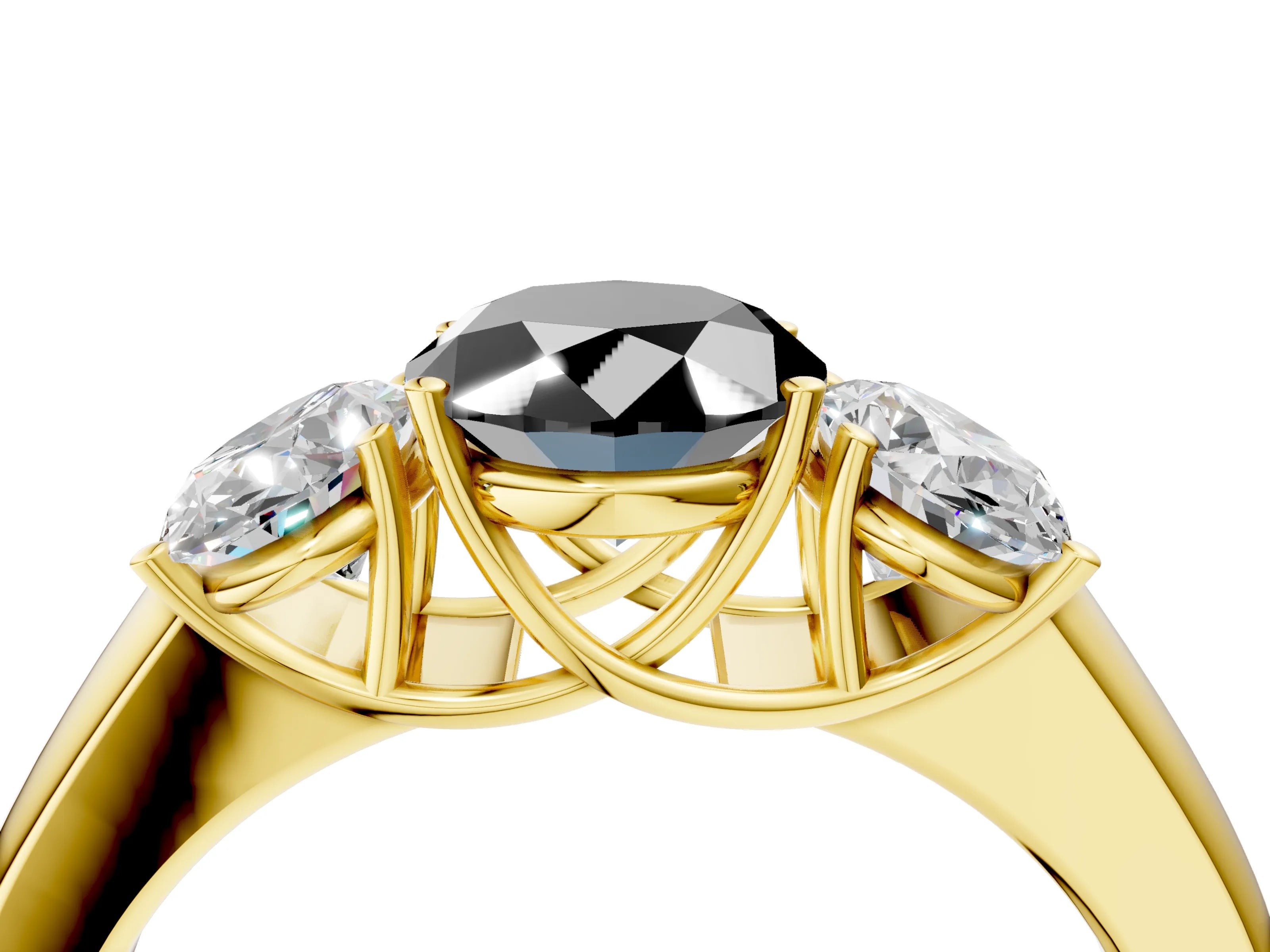 Yellow gold Three-Stone Fancy Black Oval Cut Cut Diamond Ring with Prong Setting and Classic Band_4