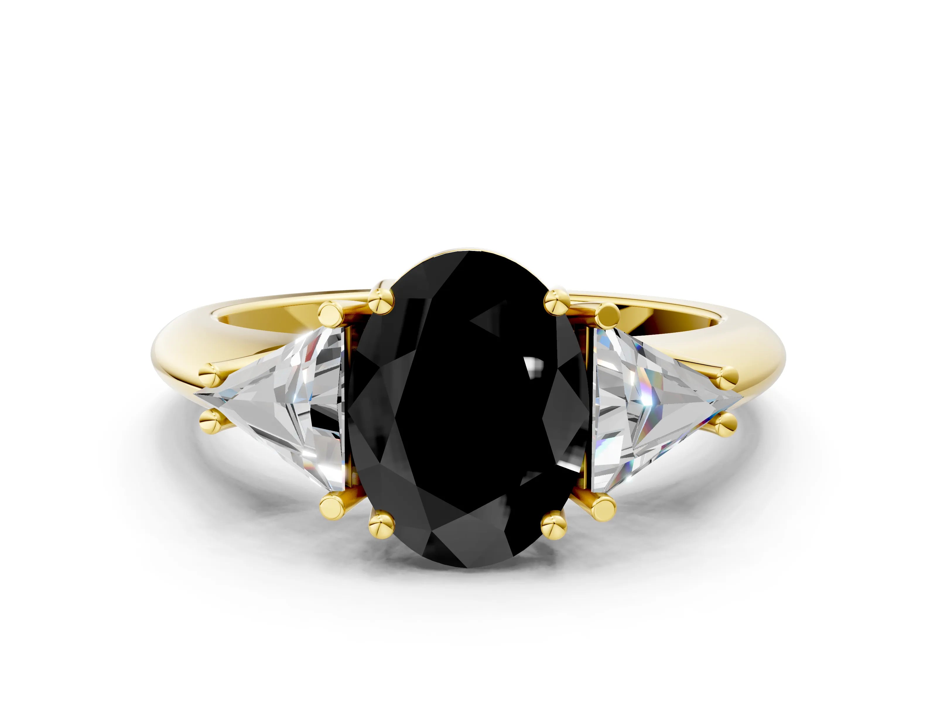 Yellow gold Three-Stone Fancy Black Oval Cut Cut Diamond Ring with Trillion Side Stones and Four-Prong Setting_3