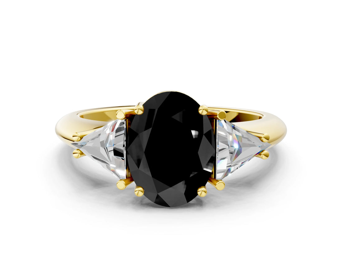 Yellow gold Three-Stone Fancy Black Oval Cut Cut Diamond Ring with Trillion Side Stones and Four-Prong Setting_3