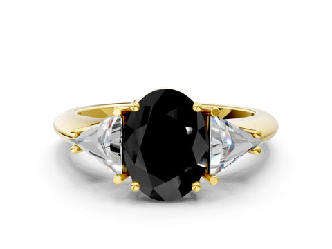 Yellow gold Three-Stone Fancy Black Oval Cut Cut Diamond Ring with Trillion Side Stones and Four-Prong Setting_3