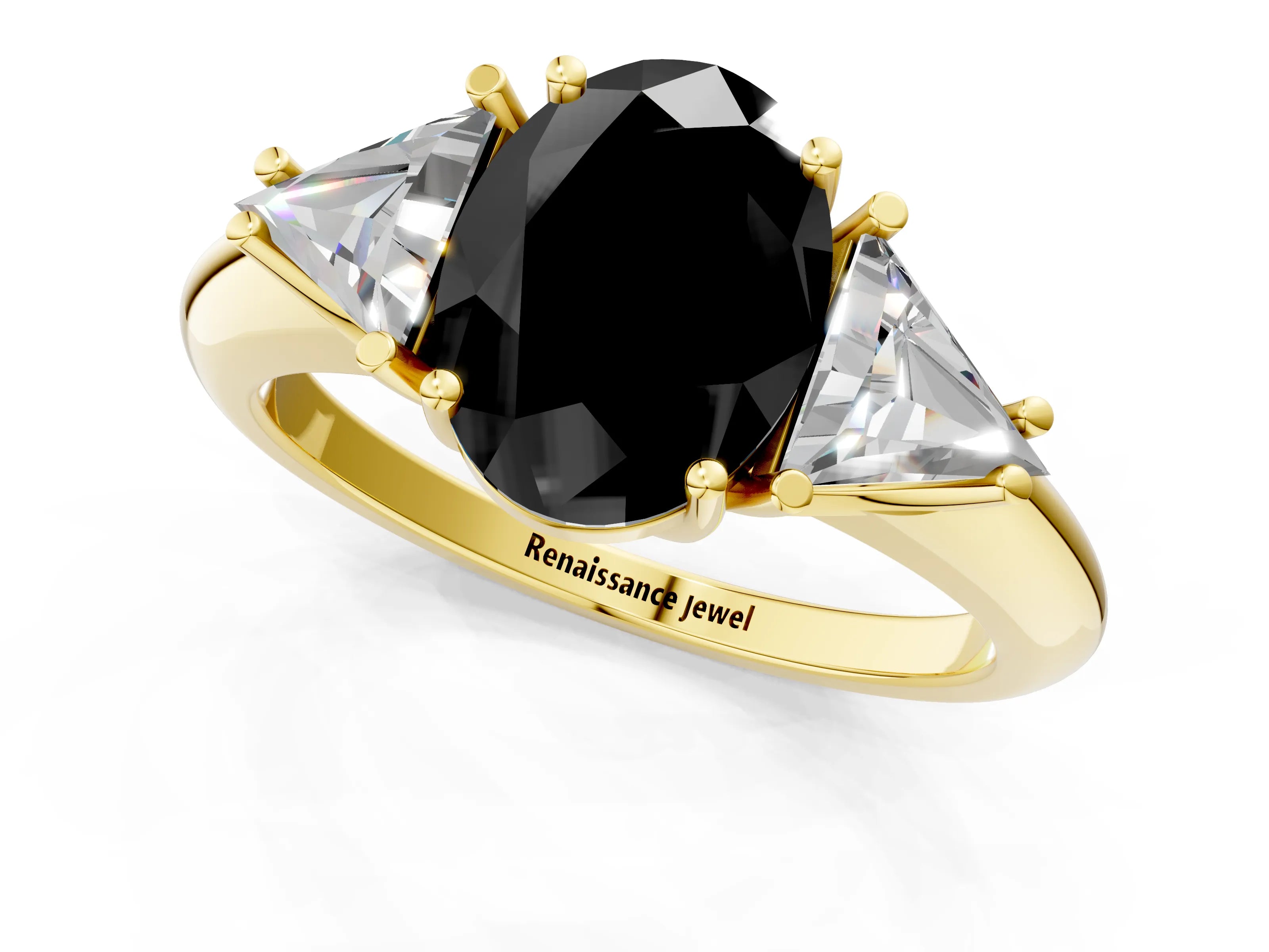 Yellow gold Three-Stone Fancy Black Oval Cut Cut Diamond Ring with Trillion Side Stones and Four-Prong Setting_4