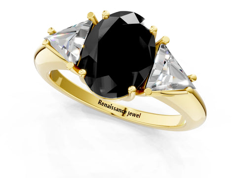 Yellow gold Three-Stone Fancy Black Oval Cut Cut Diamond Ring with Trillion Side Stones and Four-Prong Setting_4