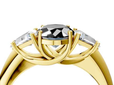 Yellow gold Three-Stone Fancy Black Oval Cut Cut Diamond Ring with Trillion Side Stones and Four-Prong Setting_7