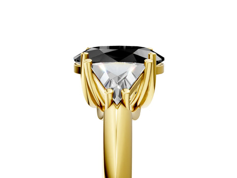 Yellow gold Three-Stone Fancy Black Oval Cut Cut Diamond Ring with Trillion Side Stones and Four-Prong Setting_8