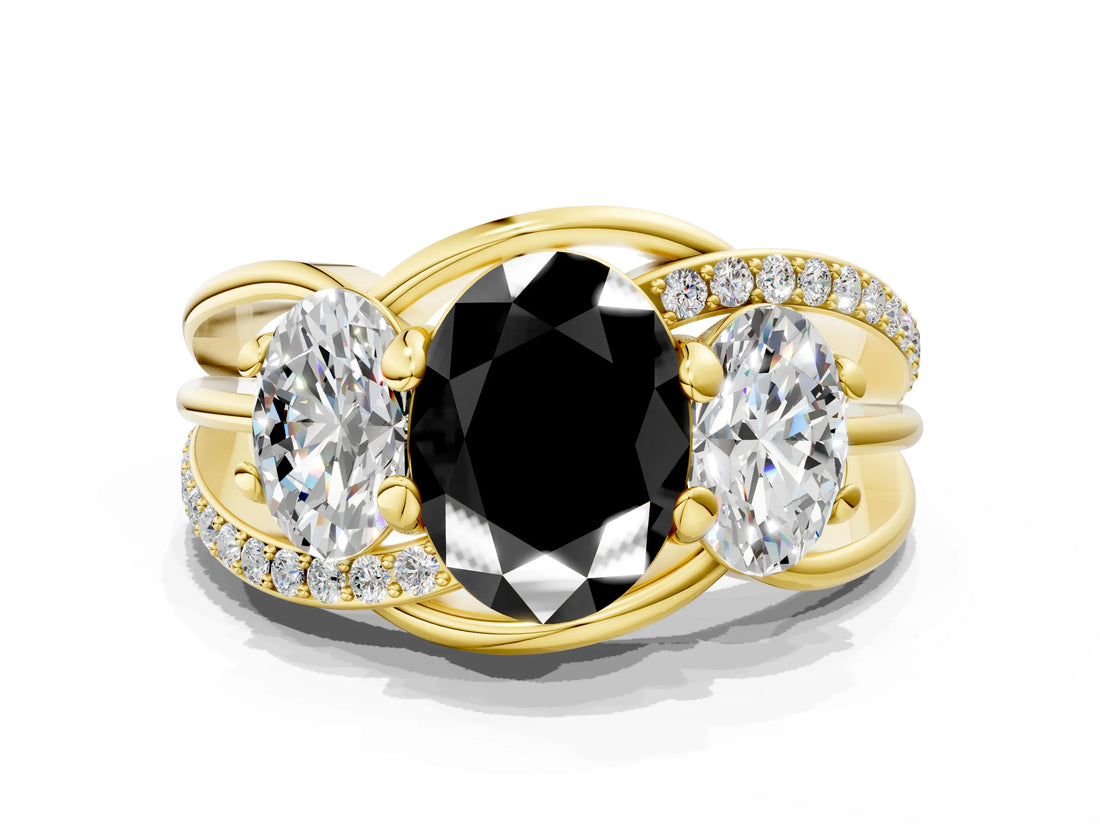 Yellow gold Three-Stone Fancy Black Oval Cut Cut Diamond Split Shank Prong Set Ring