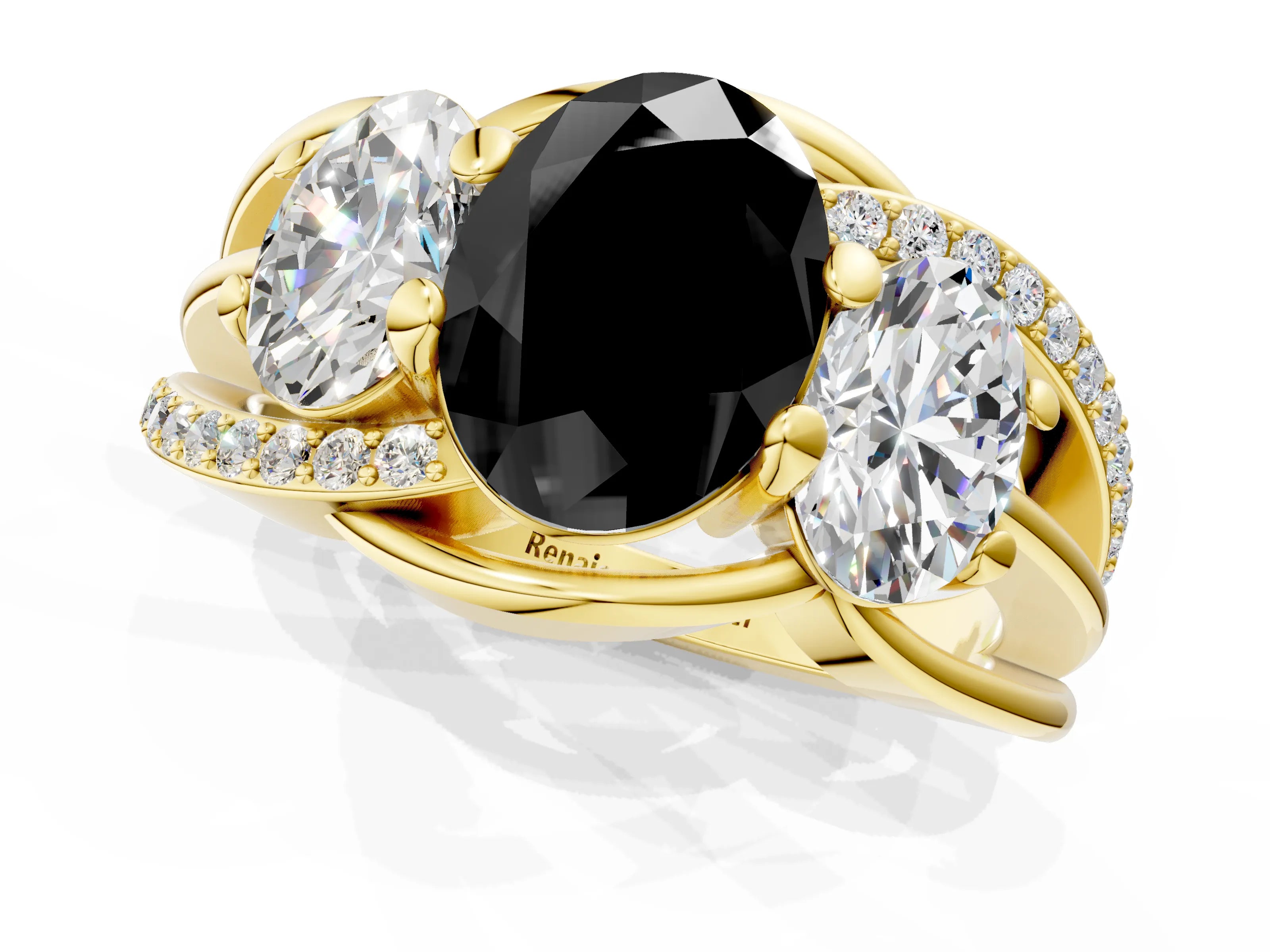 Yellow gold Three-Stone Fancy Black Oval Cut Cut Diamond Split Shank Prong Set Ring_1
