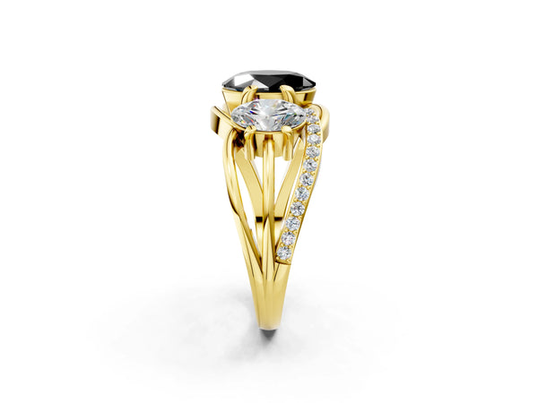 Yellow Gold Oval Three Stone Split Shank Engagement Ring Setting for Black Center