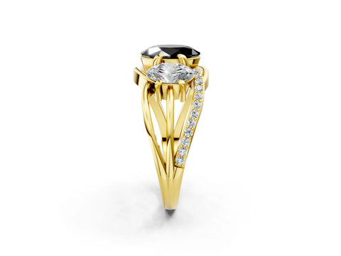 Yellow gold Three-Stone Fancy Black Oval Cut Cut Diamond Split Shank Prong Set Ring_2