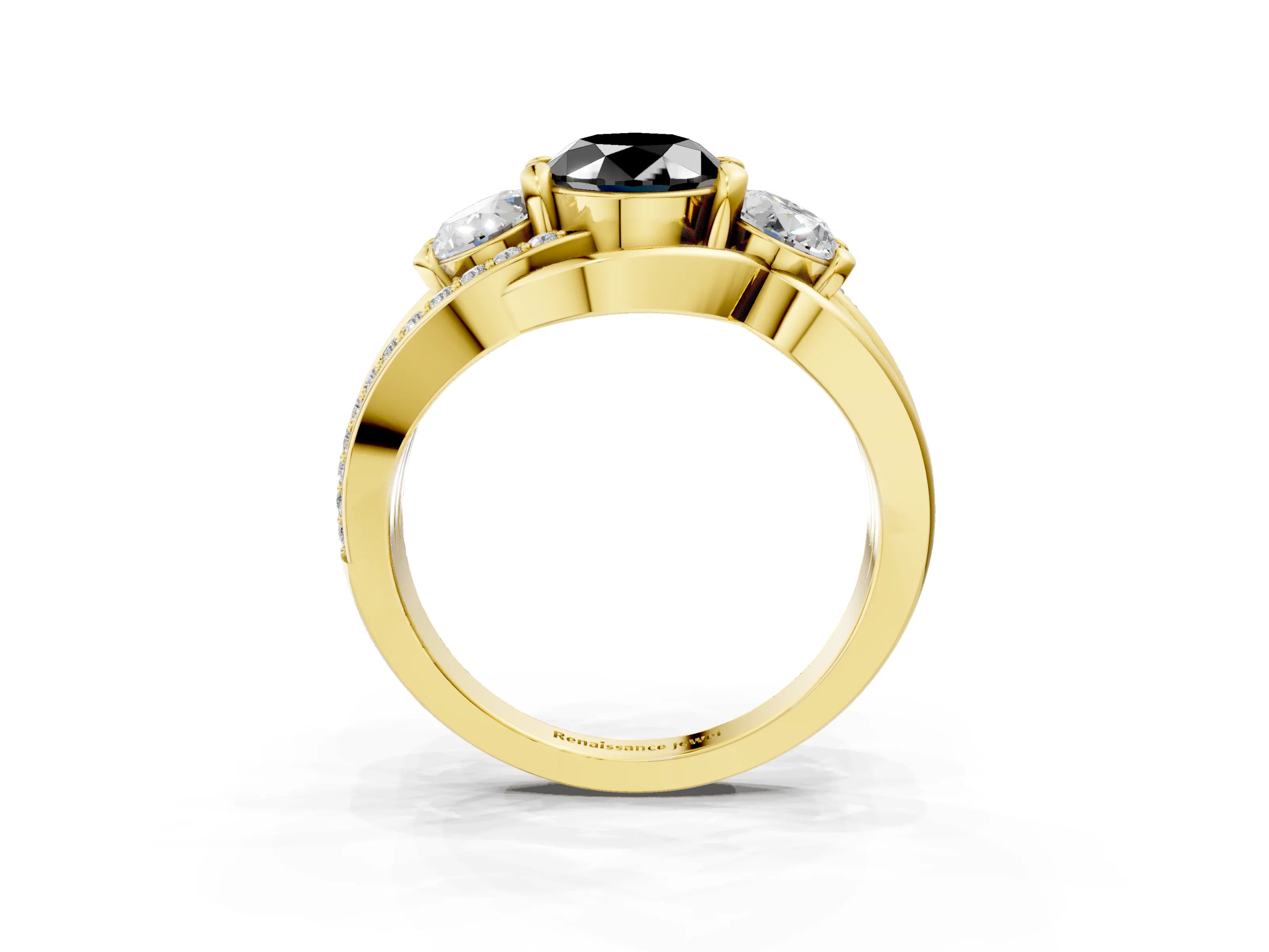 Yellow gold Three-Stone Fancy Black Oval Cut Cut Diamond Split Shank Prong Set Ring_3