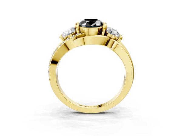 Yellow Gold Oval Three Stone Split Shank Engagement Ring Setting for Black Center