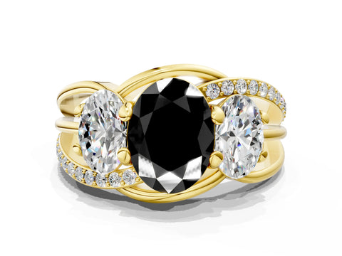 Yellow gold Three-Stone Fancy Black Oval Cut Cut Diamond Split Shank Prong Set Ring