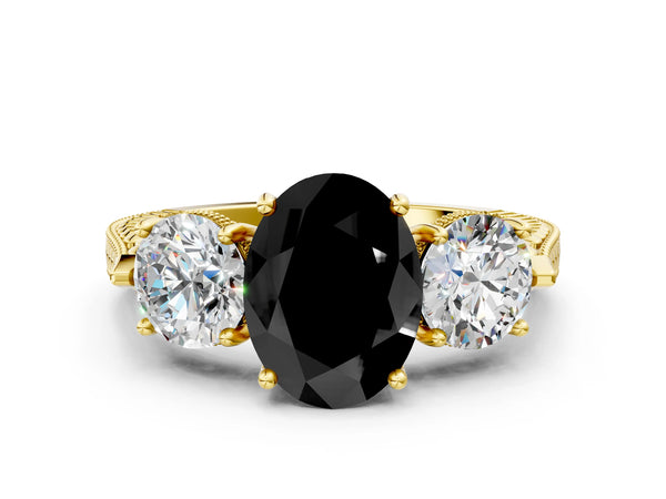 Yellow Gold Oval Vintage Three Stone Engagement Ring Setting for Black Center