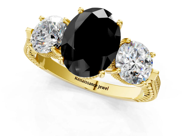 Yellow Gold Oval Vintage Three Stone Engagement Ring Setting for Black Center
