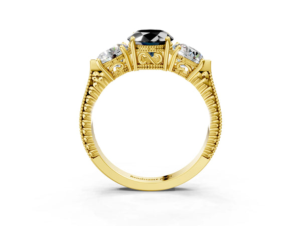 Yellow Gold Oval Vintage Three Stone Engagement Ring Setting for Black Center