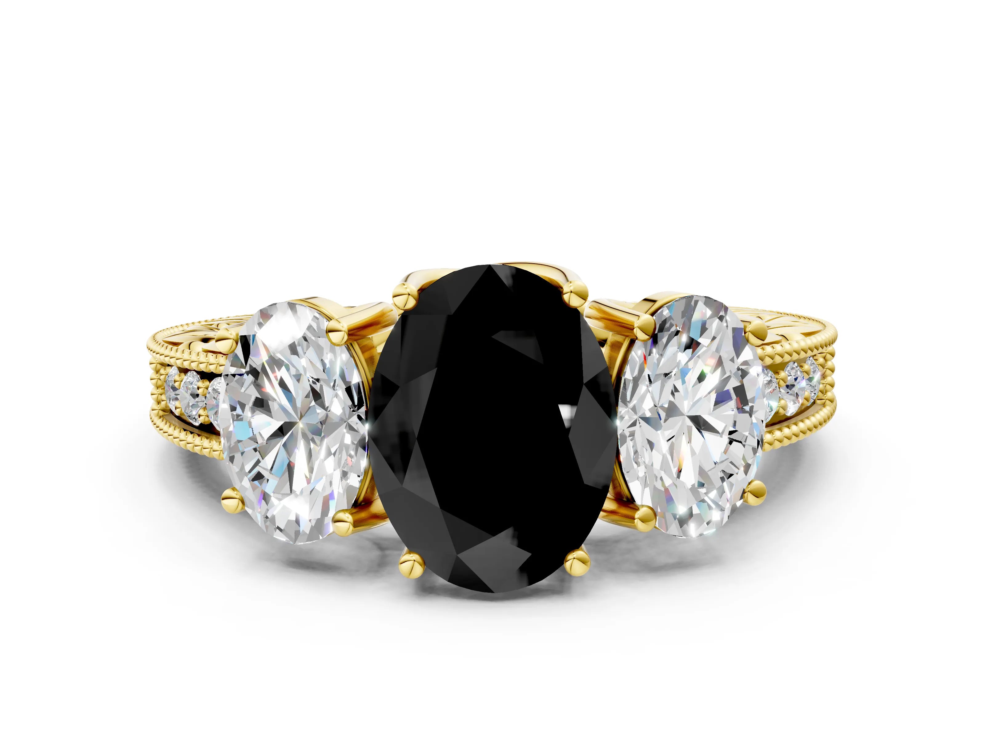 Yellow gold Three-Stone Fancy Black Oval Cut Cut Milgrain Pavé Engagement Ring