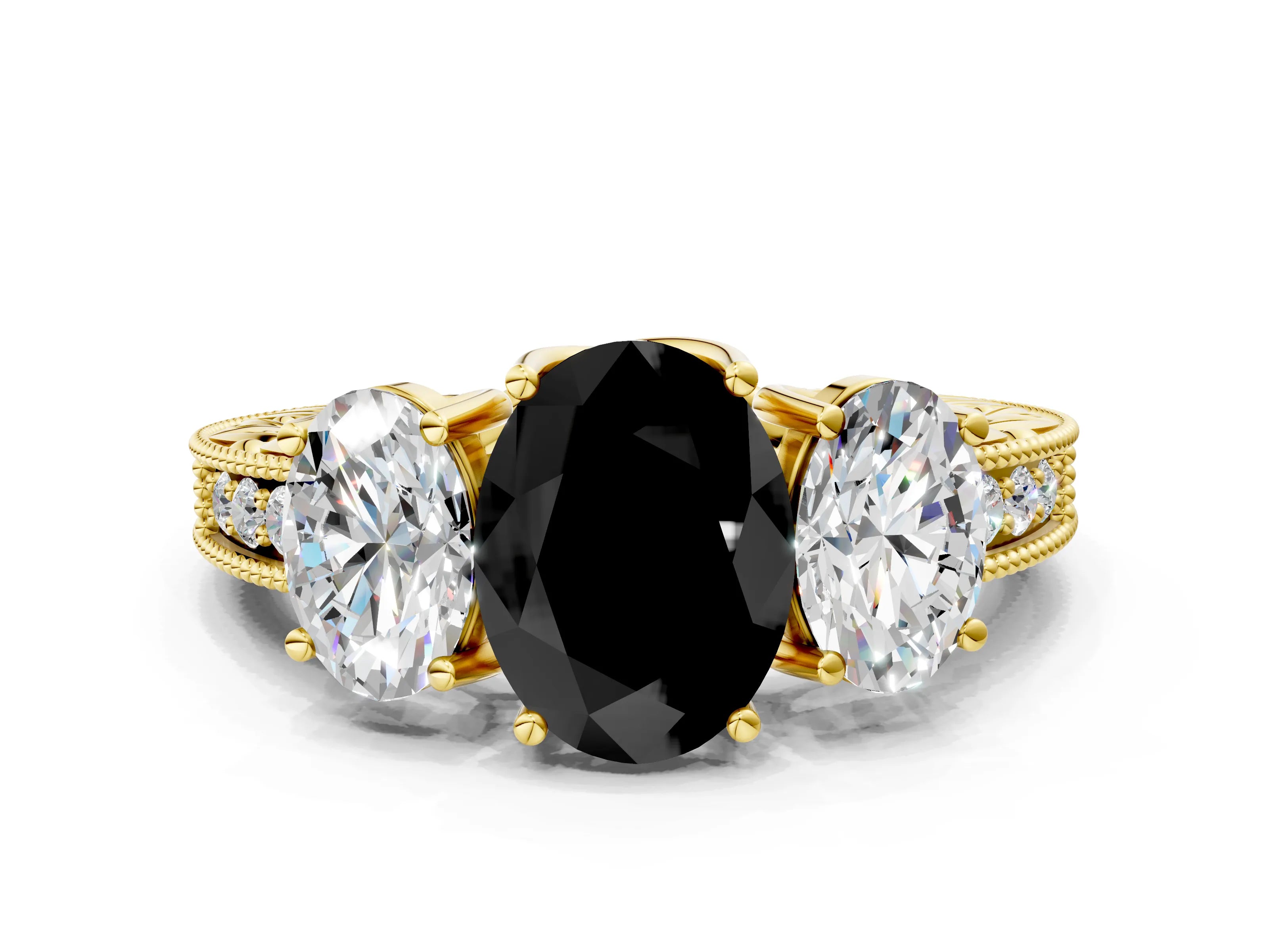Yellow gold Three-Stone Fancy Black Oval Cut Cut Milgrain Pavé Engagement Ring_12