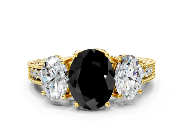 Yellow Gold Oval Engraved Three Stone Engagement Ring Setting for Black Center