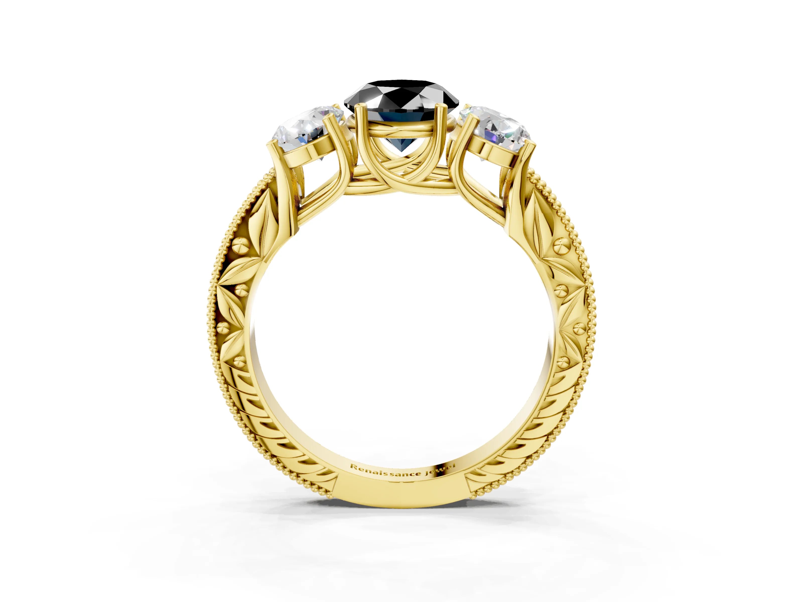 Yellow gold Three-Stone Fancy Black Oval Cut Cut Milgrain Pavé Engagement Ring_15