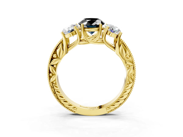 Yellow Gold Oval Engraved Three Stone Engagement Ring Setting for Black Center
