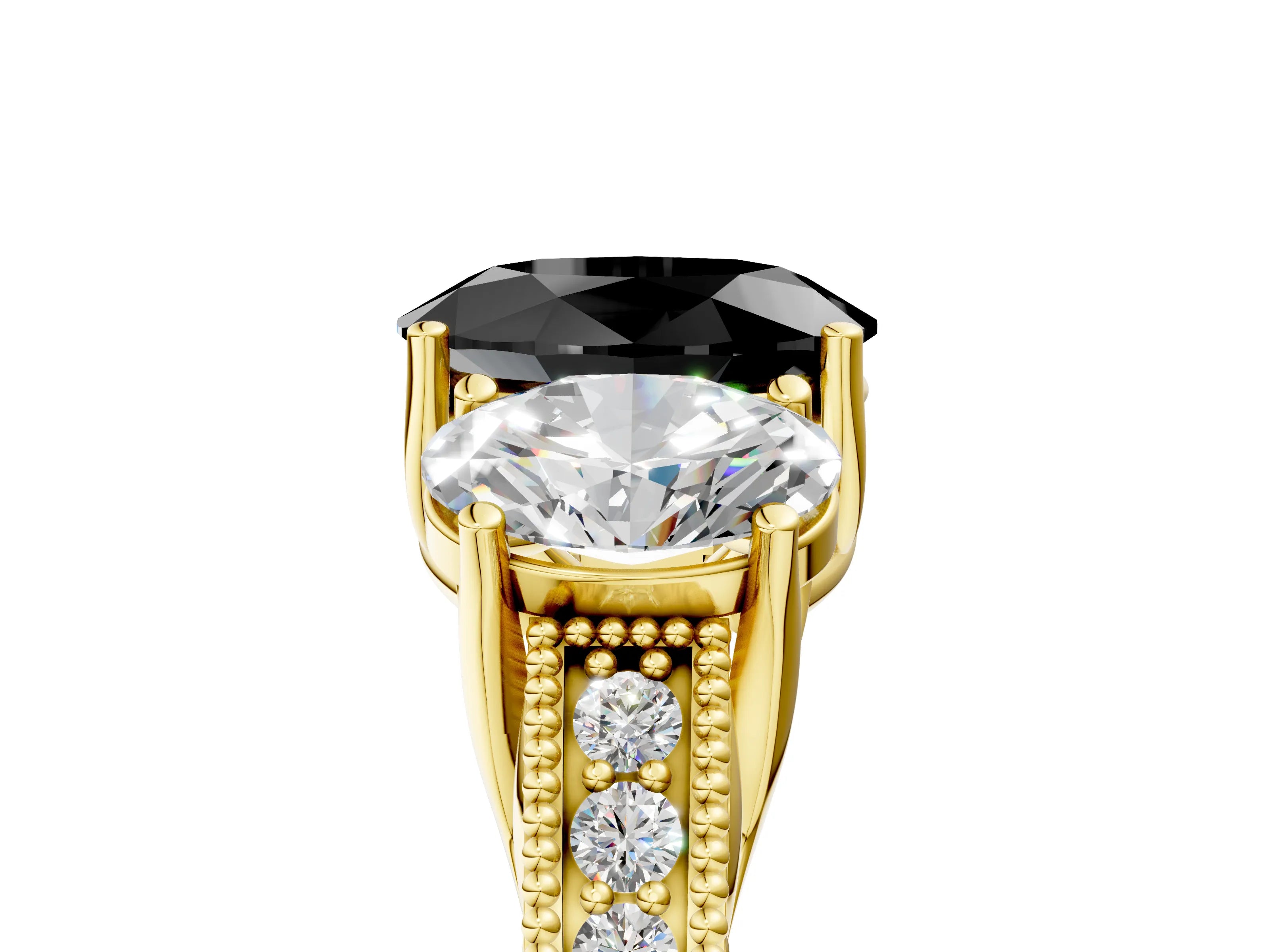 Yellow gold Three-Stone Fancy Black Oval Cut Cut Milgrain Pavé Engagement Ring_17