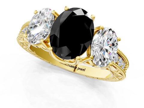 Yellow gold Three-Stone Fancy Black Oval Cut Cut Milgrain Pavé Engagement Ring_1