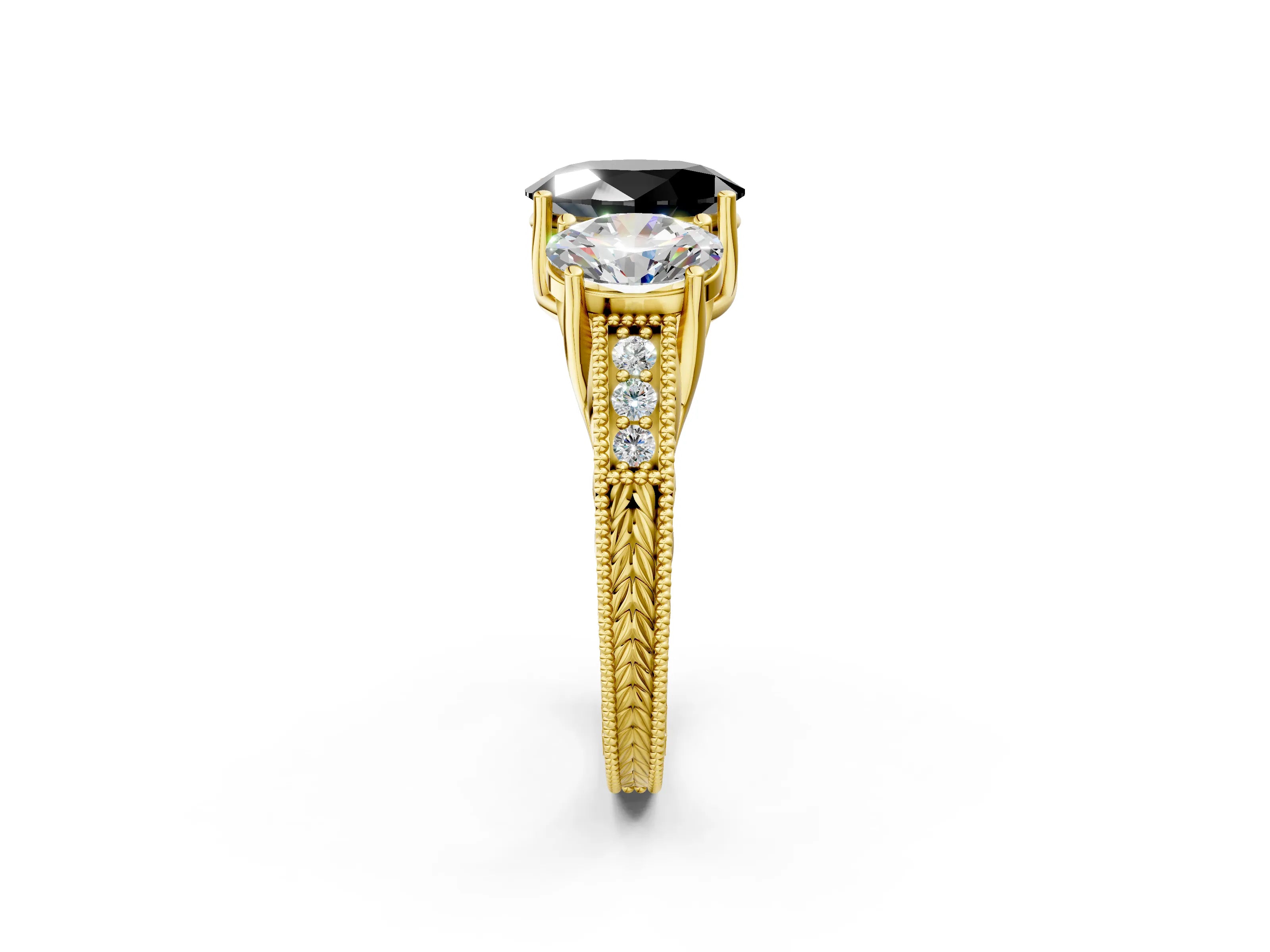 Yellow gold Three-Stone Fancy Black Oval Cut Cut Milgrain Pavé Engagement Ring_2