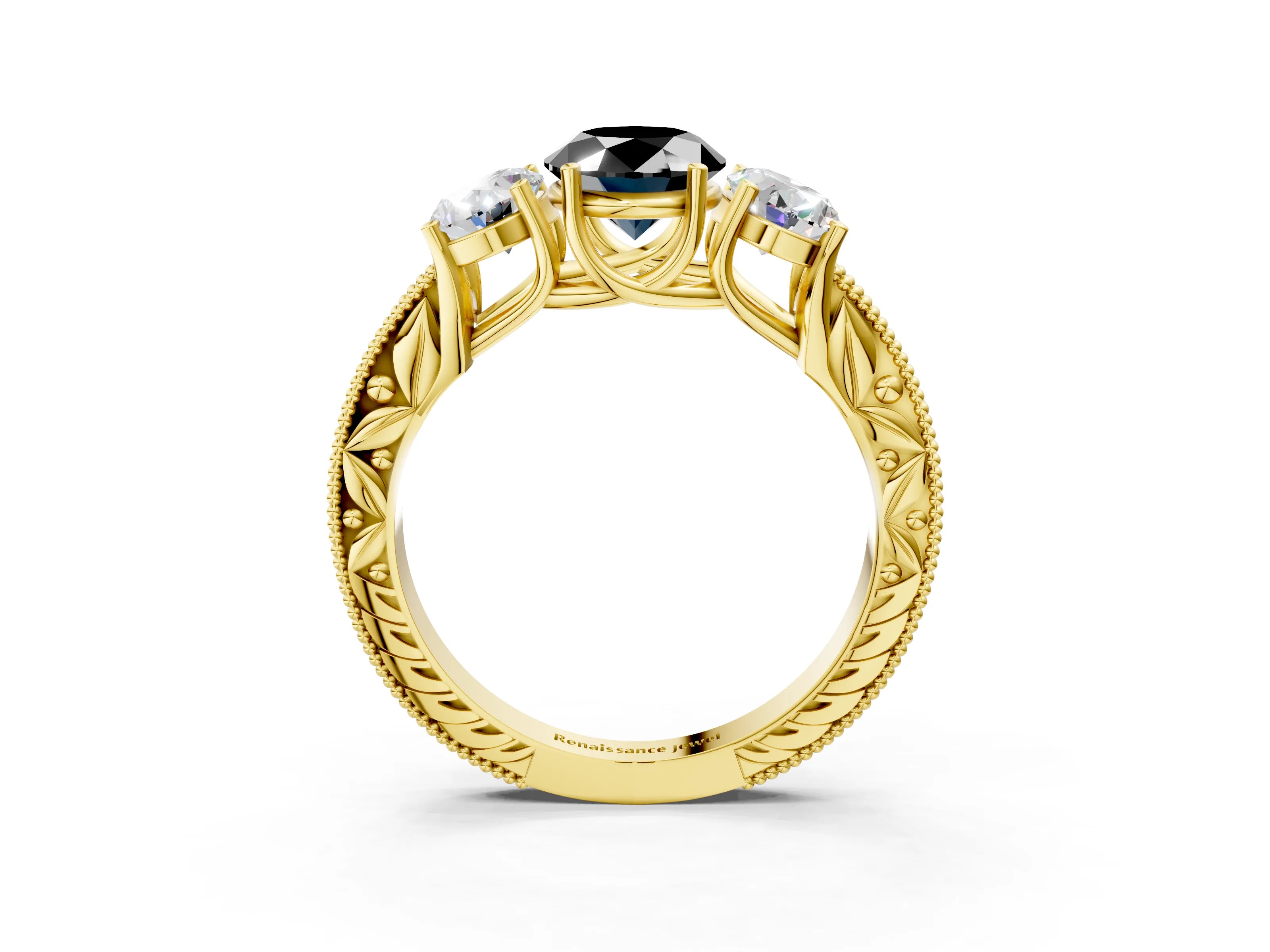 Yellow gold Three-Stone Fancy Black Oval Cut Cut Milgrain Pavé Engagement Ring_3