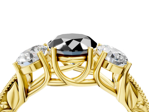 Yellow gold Three-Stone Fancy Black Oval Cut Cut Milgrain Pavé Engagement Ring_4