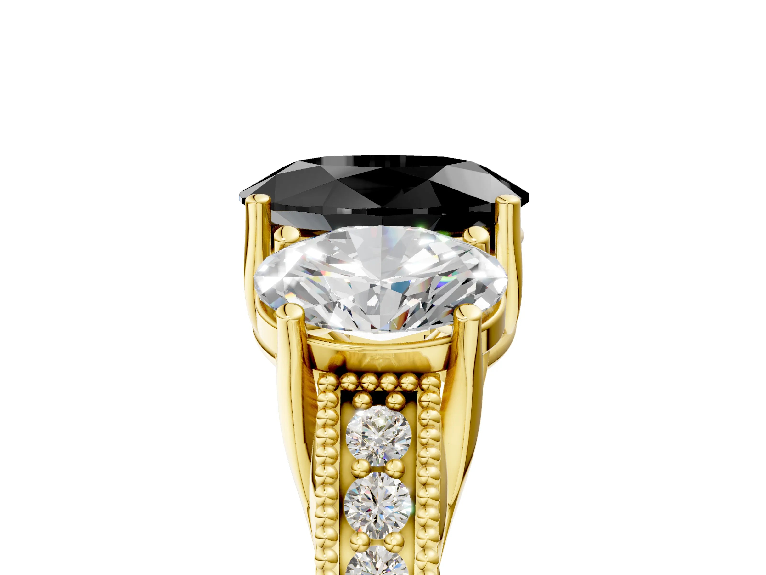 Yellow gold Three-Stone Fancy Black Oval Cut Cut Milgrain Pavé Engagement Ring_5
