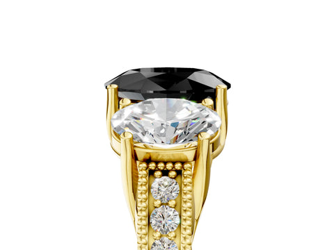 Yellow gold Three-Stone Fancy Black Oval Cut Cut Milgrain Pavé Engagement Ring_5