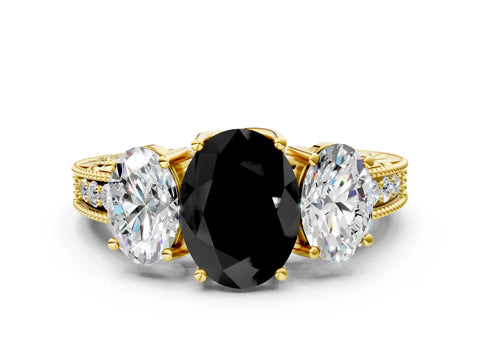 Yellow gold Three-Stone Fancy Black Oval Cut Cut Milgrain Pavé Engagement Ring