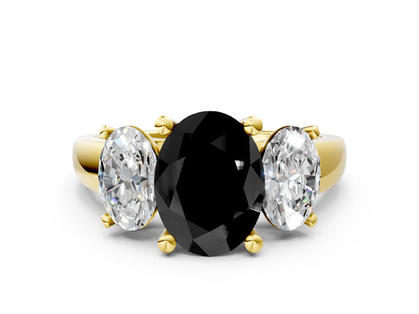 Yellow Gold Oval Three Stone Engagement Ring Setting for Black Center with Wide Tapered Shoulders