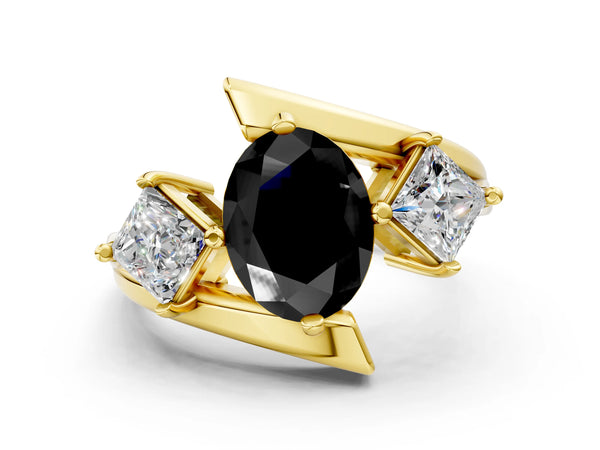 Yellow gold Three-Stone Fancy Black Oval Cut Cut Tension Band Ring with Four-Prong Setting