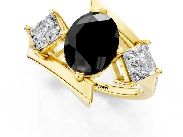 Yellow gold Three-Stone Fancy Black Oval Cut Cut Tension Band Ring with Four-Prong Setting