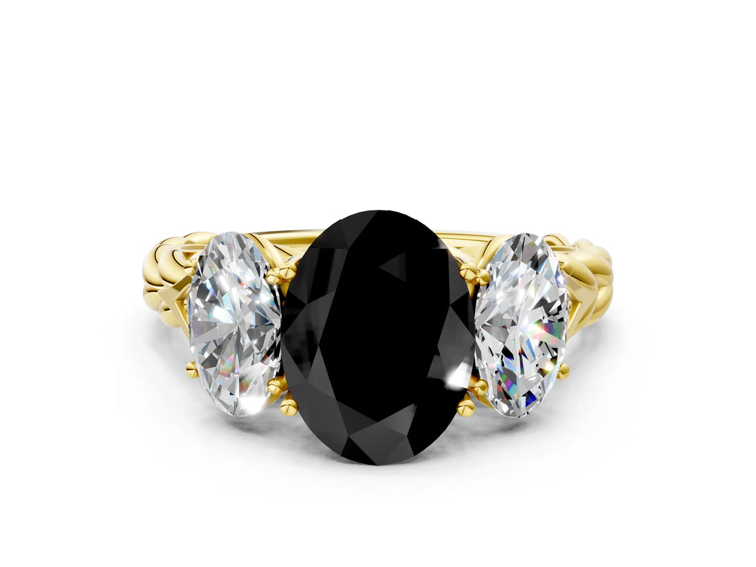 Yellow gold Three-Stone Fancy Black Oval Cut Diamond Braided Band Ring with Four-Prong Setting_12