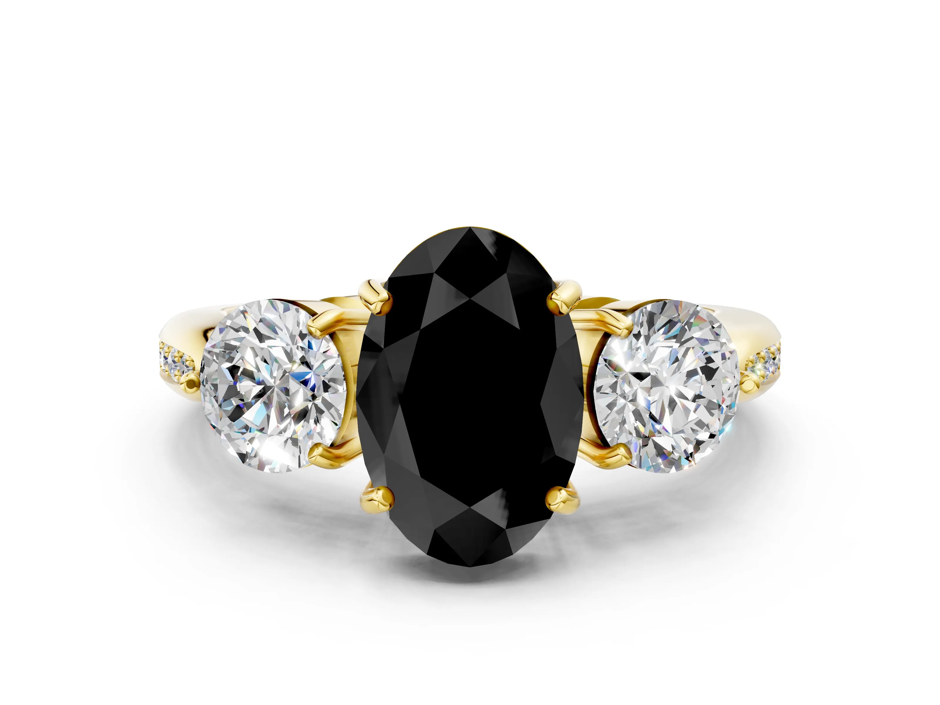 Yellow gold Three-Stone Fancy Black Oval Cut Diamond Channel Set Engagement Ring with Prong Setting_12