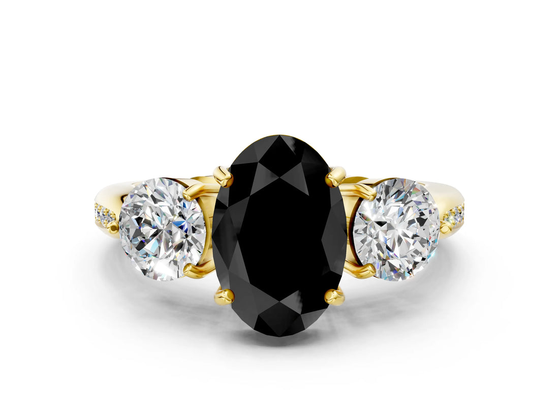 Yellow gold Three-Stone Fancy Black Oval Cut Diamond Channel Set Engagement Ring with Prong Setting_12