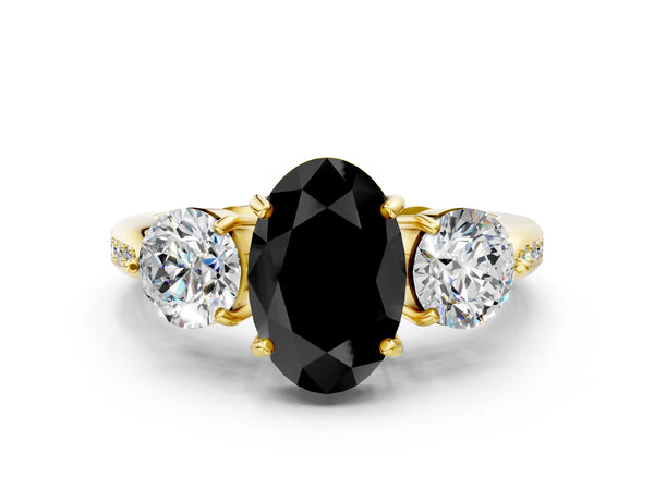 Yellow Gold Oval Three Stone Engagement Ring Setting for Black Center with Tapered Pave Band