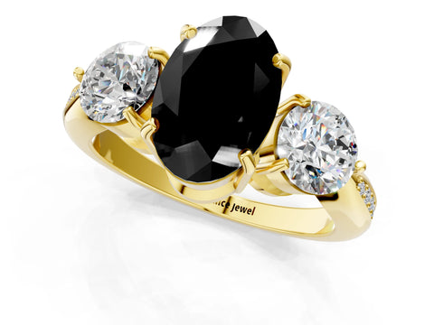 Yellow gold Three-Stone Fancy Black Oval Cut Diamond Channel Set Engagement Ring with Prong Setting_1
