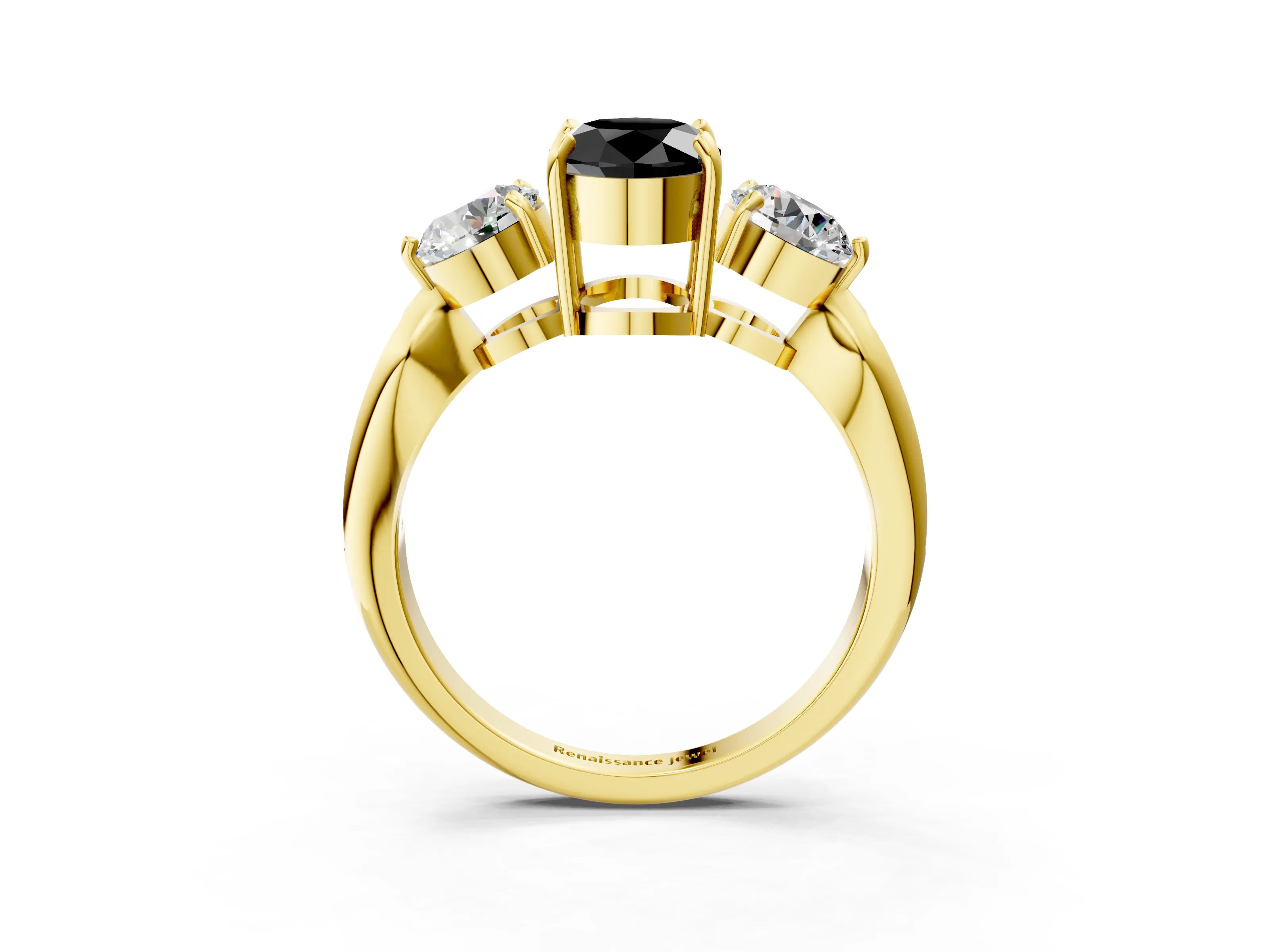 Yellow gold Three-Stone Fancy Black Oval Cut Diamond Channel Set Engagement Ring with Prong Setting_3