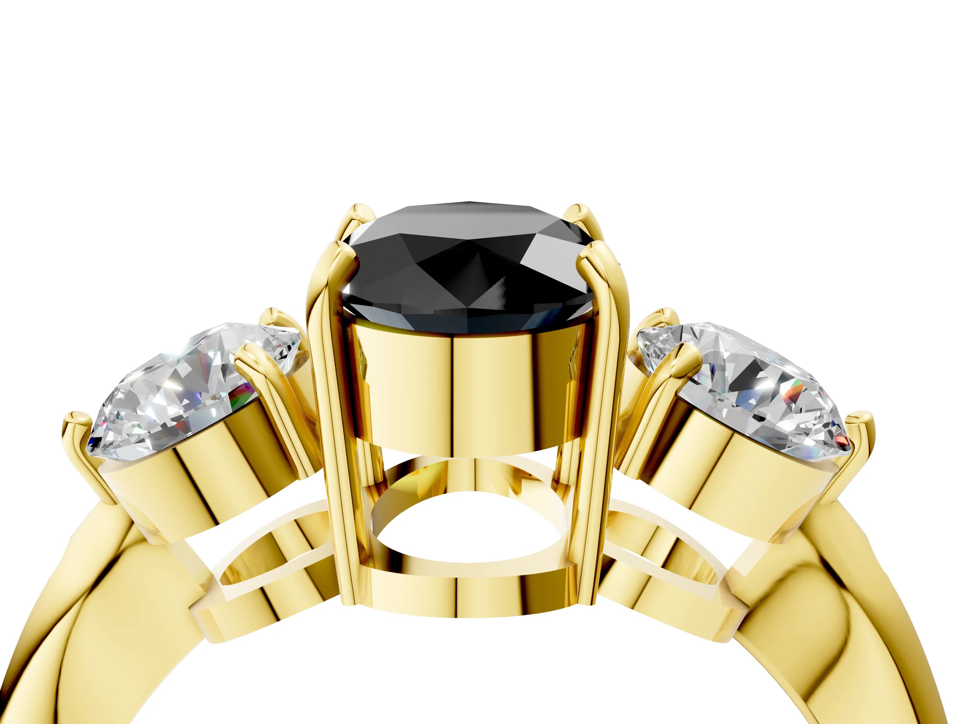 Yellow gold Three-Stone Fancy Black Oval Cut Diamond Channel Set Engagement Ring with Prong Setting_4