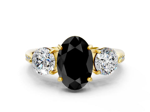 Yellow gold Three-Stone Fancy Black Oval Cut Diamond Channel Set Engagement Ring with Prong Setting