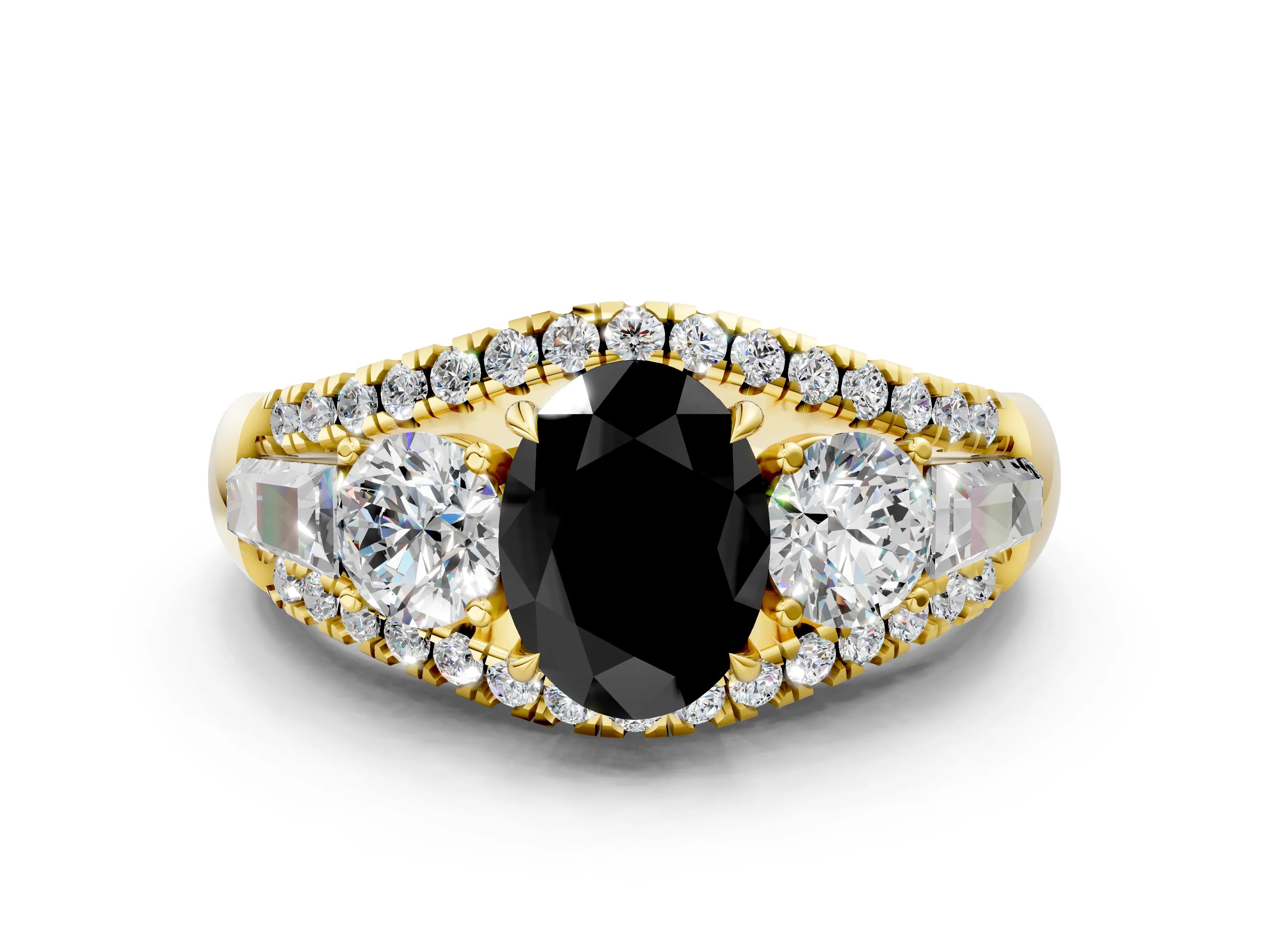 Yellow gold Three-Stone Fancy Black Oval Cut Diamond Engagement Ring with Pave Band and Prong Setting