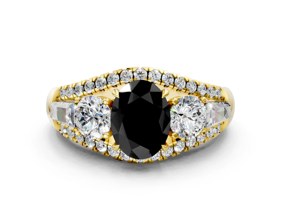 Yellow gold Three-Stone Fancy Black Oval Cut Diamond Engagement Ring with Pave Band and Prong Setting