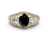 Yellow gold Three-Stone Fancy Black Oval Cut Diamond Engagement Ring with Pave Band and Prong Setting
