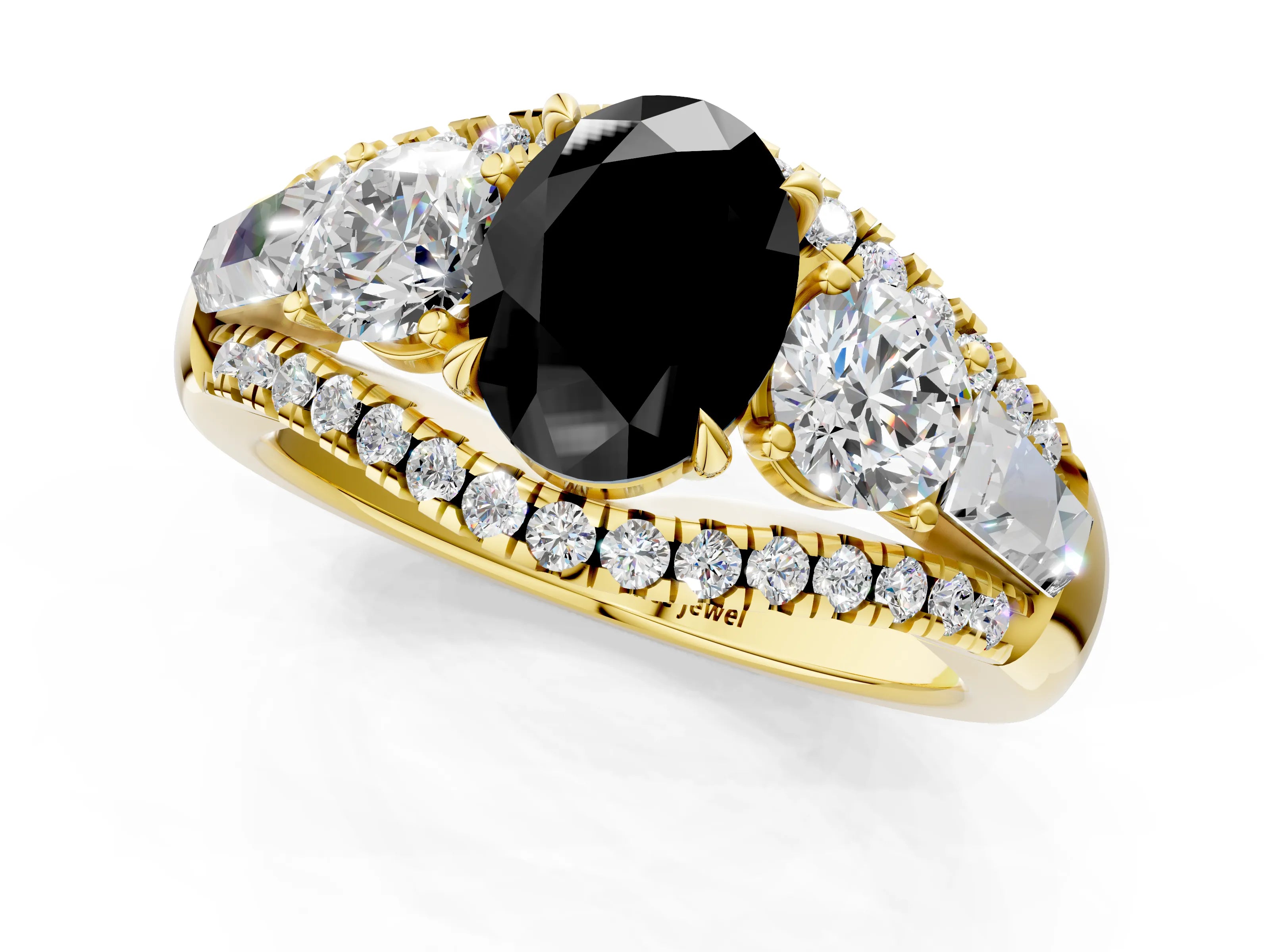 Yellow gold Three-Stone Fancy Black Oval Cut Diamond Engagement Ring with Pave Band and Prong Setting_1