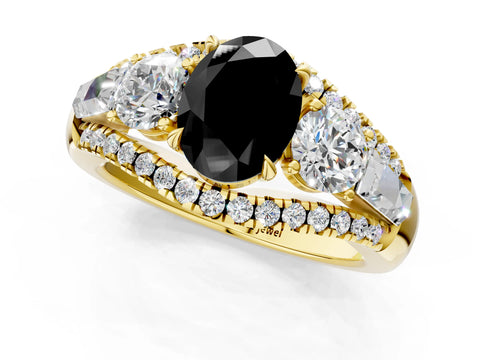 Yellow gold Three-Stone Fancy Black Oval Cut Diamond Engagement Ring with Pave Band and Prong Setting_1