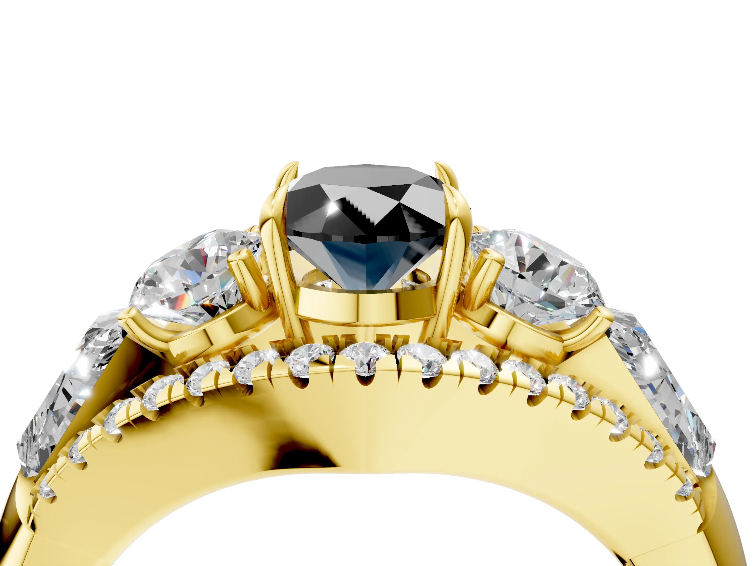 Yellow gold Three-Stone Fancy Black Oval Cut Diamond Engagement Ring with Pave Band and Prong Setting_4