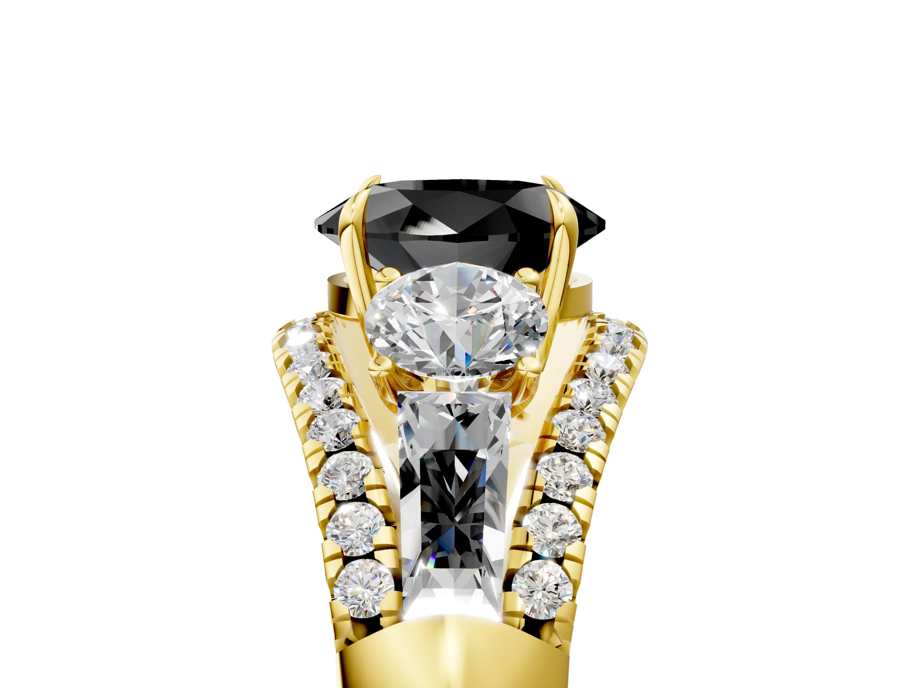 Yellow gold Three-Stone Fancy Black Oval Cut Diamond Engagement Ring with Pave Band and Prong Setting_5