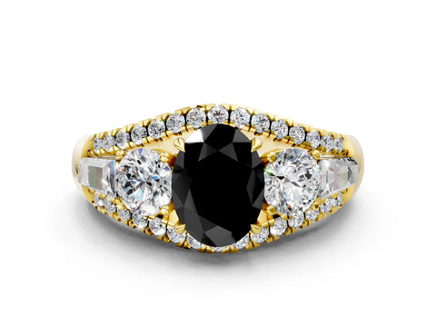 Yellow gold Three-Stone Fancy Black Oval Cut Diamond Engagement Ring with Pave Band and Prong Setting
